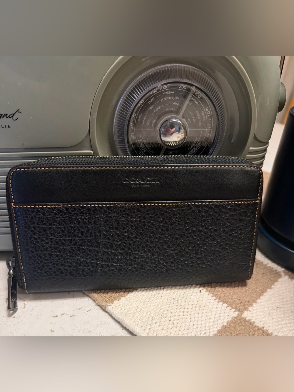 Coach Black Leather Zip Wallet with Contrast Stitching